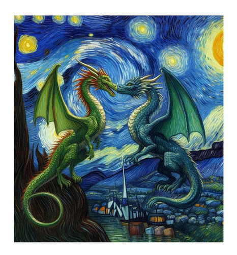 Vinilo 100x100cm Dragon Noche Estrellada Pareja Van Gogh