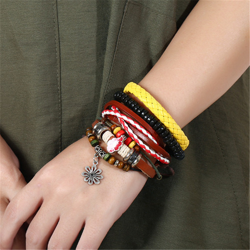 Pulsera De Cuero Trenzado Multicapa For Mujer