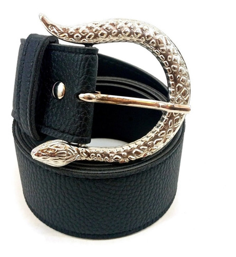 Imagen 1 de 10 de Cinturon Negro Mujer Eco Cuero Serpiente Hebilla Niquel 39mm