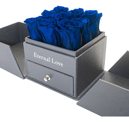 9 Mini Rosas Preservadas Airosa Color Azul Joyero Gris