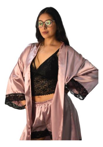 Conjunto De Pijama Satin Rosado S M L Xl Xxl