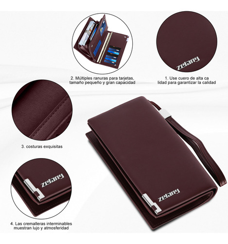Zelany n01 Cartera De Piel Billetera Larga Para Hombre Con Bloqueo Rfid Casual Negocio Gran Capacidad Color Marrón