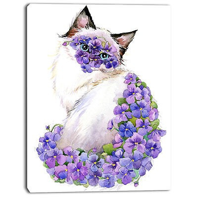 Diseño Arte 'gato Lindo Con Flores De Color Azul' Pintura