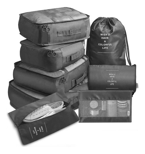 Organizador de bolsas de equipaje de viaje Manu de 8 piezas, color negro
