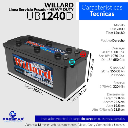 Imagen 2 de 10 de Bateria Auto Willard 12x180 Ub1240 12 Volt 180 Amper