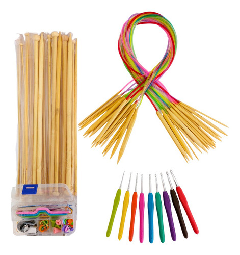 Set Agujas De Bambú Circulares Y Tricot +crochet+accesorios