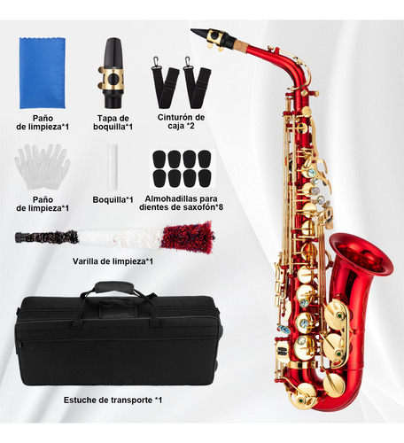 Saxofón Alto En Mi Bemol Profesional Rojo + Accesorios 66cm