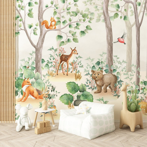 Imagem 3 de 5 de Papel De Parede Animais Da Floresta Quarto Bebê Wt-11 - M²