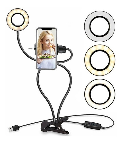 Misik - Aro De Luz Lampara Led Calida Y Fria - Clip Celular Color de la estructura Negro Color de la luz Blanco cálido