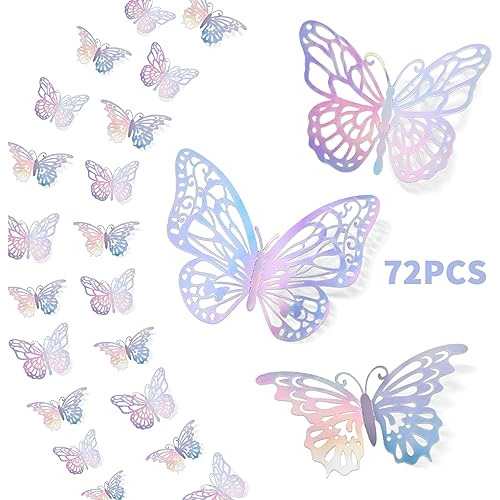 72pcs 3d Láser Plata Mariposa Decoración De Pared, 3 Estilos