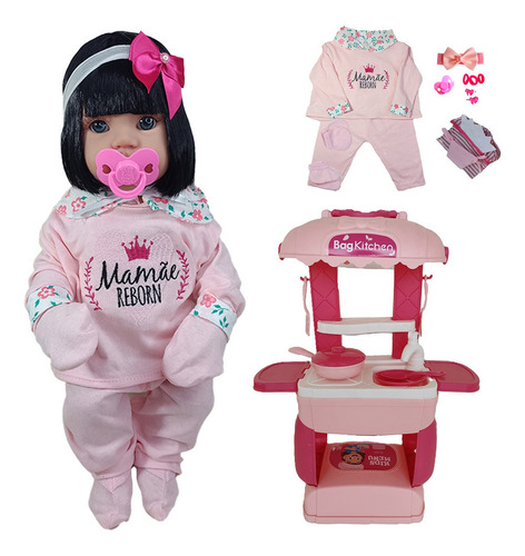 Kit Boneca Bebê Morena Mamãe Reborn 45cm + Mini Cozinha