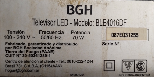 Placa Fuente Main Con Flex No Funciona Tv Led Bgh Ble4016df (Usado)