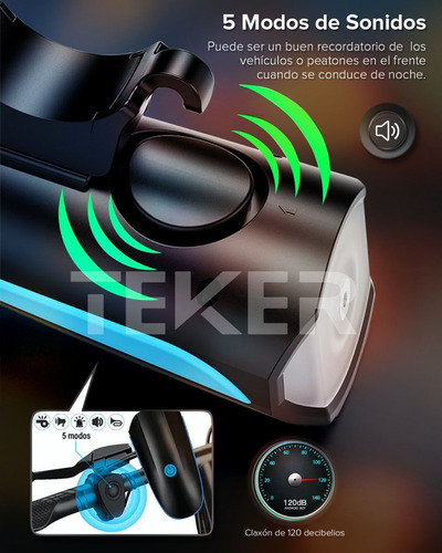 Luz Bicicleta Recargable Delantera Y Traser Y Claxon Teker