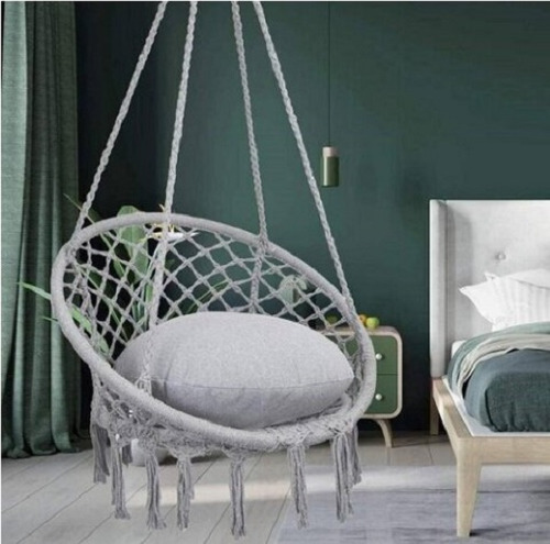 Silla Colgante Muna Tejita De Borlas Unicolor Gris