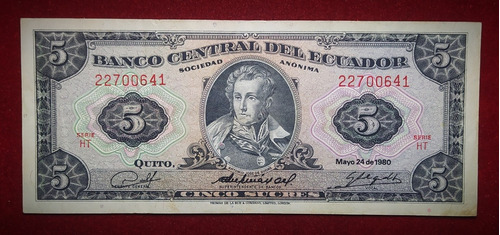 Billete 5 Sucres Ecuador 1980 Pick 113 C.15 Thomas De La Rue