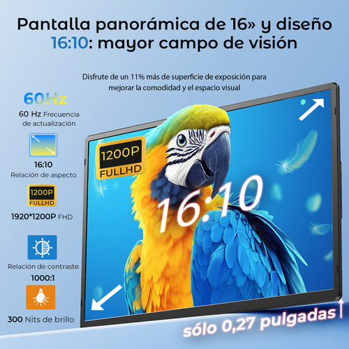 Monitor portátil extensible 16.1 1200p para portátiles y consolas de juegos con rotación de 360°