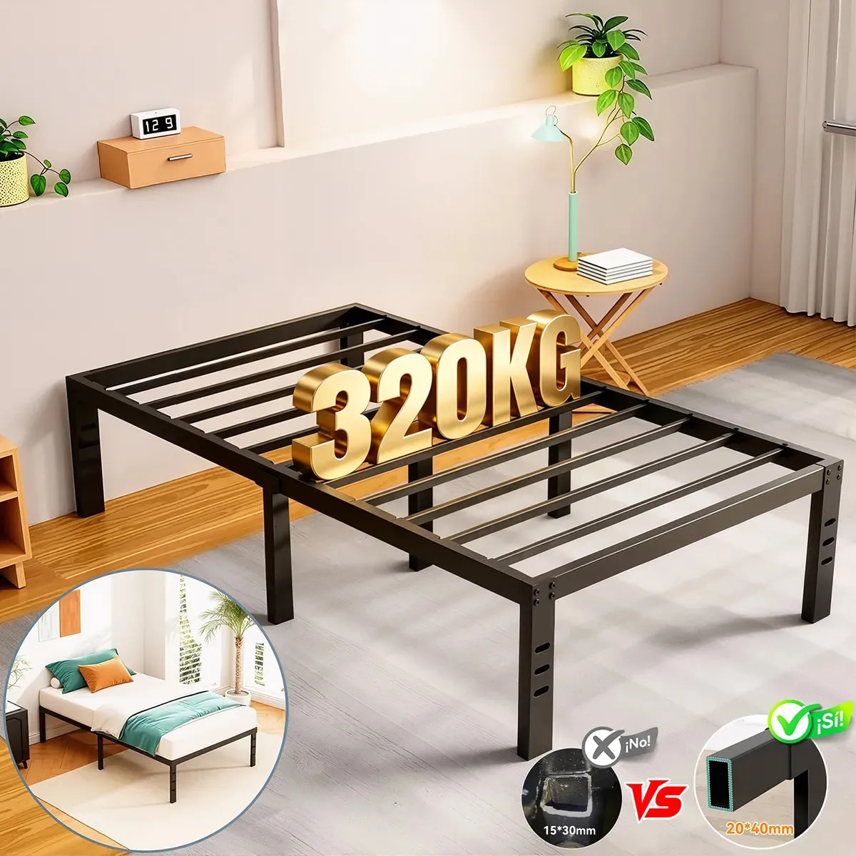 FURRIFIC Base Cama Individual Plegable de Metal 190x96cm, Soporta 320Kg,Estructura de Hierro Resistente con Espacio de Almacenamiento Debajo, Fácil de Armar, Silenciosa y Estable