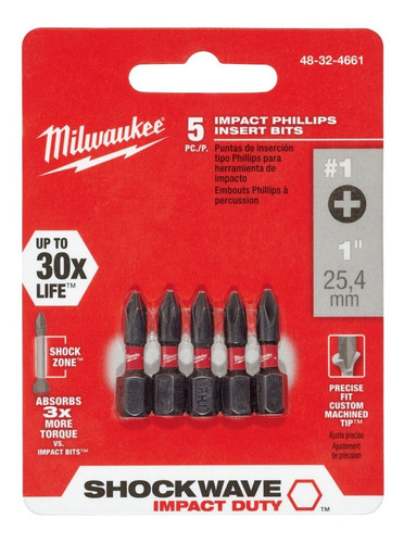 Brocas N.º 1 Shockwave De Phillips 5pzs Milwaukee 48-32-4661