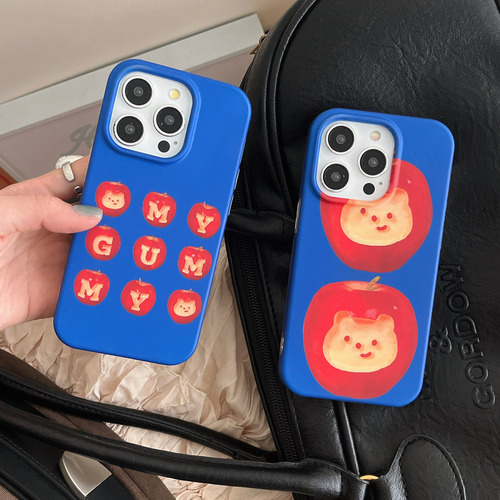 Funda De Teléfono Coreana Ins Klein Azul Con Estampado De Oso De Manzana, Encantadora Y Moderna Para iPhone 16, 15, 14, 13 Pro Max, Funda Trasera C