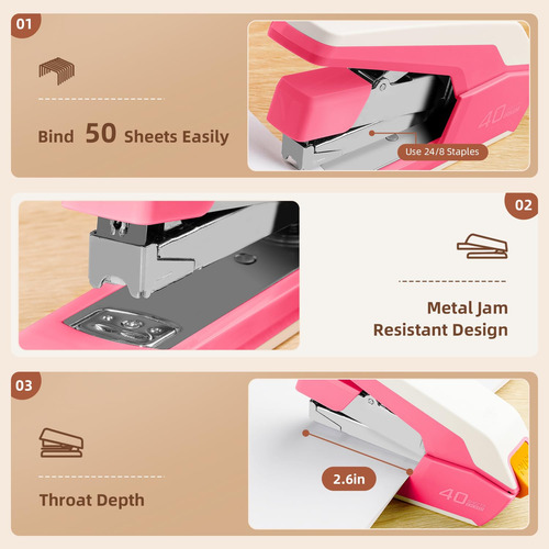Engrapadora De Escritorio Rosa 40 A 50 Hojas Incluye Grapas