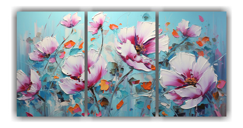 240x120cm Cuadro 3 Bellas Artes Turquesa Y Rosa Flores