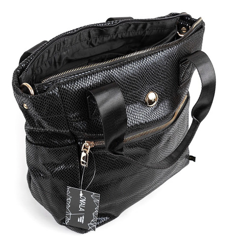 Imagen 3 de 6 de Cartera Mujer Amayra Tote Bag Grande Cierre Negra Brillante
