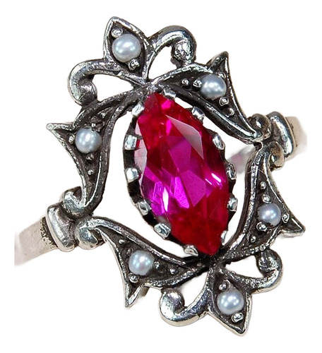 Anillo Victoriano Ruby Marquis Perla #5.5 Plata 925 Ringking