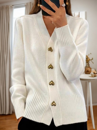 Suéter De Punto Con Cuello En V Con Botón De Amor A La Moda,