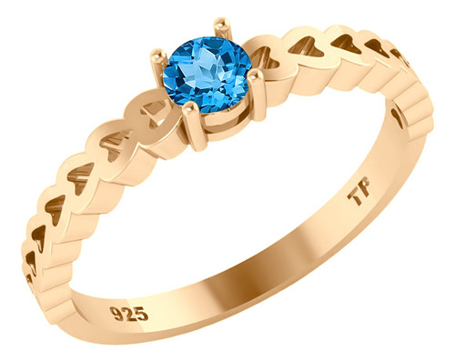 Anel Luxo Corações Prata 925 Dourada Ouro 18k - Topázio Azul