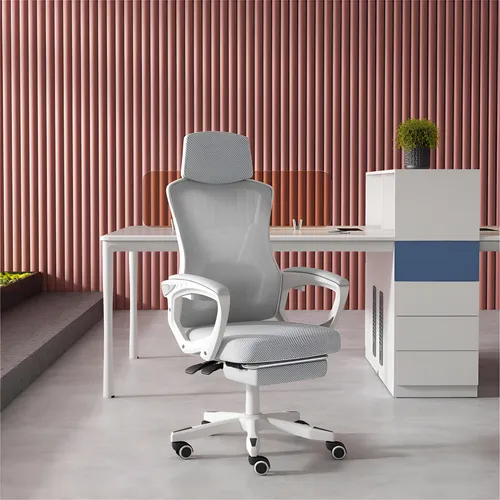 Silla Ejecutiva Gamer BuenHogar SE-818 Respaldo Reclinable Altura Ajustable Gris/Blanco Con Apoyacabeza