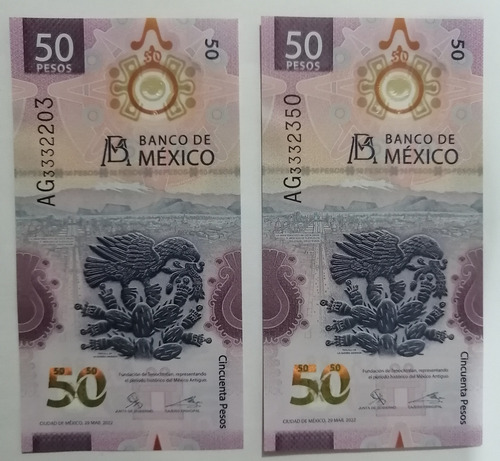 2 Billetes 50 Pesos. Ajolote. Error De Impresión. Serie Ag