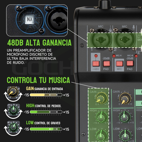 Mezladora Gc Pro4 Power Mixer 2 Micrófono Inalámbrico Uhf