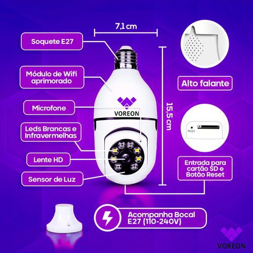 Câmera De Segurança Voreon Lâmpada Ip Wifi App Yoosee Espiã 360º Com Visão Noturna Interna Externa Cor Branco