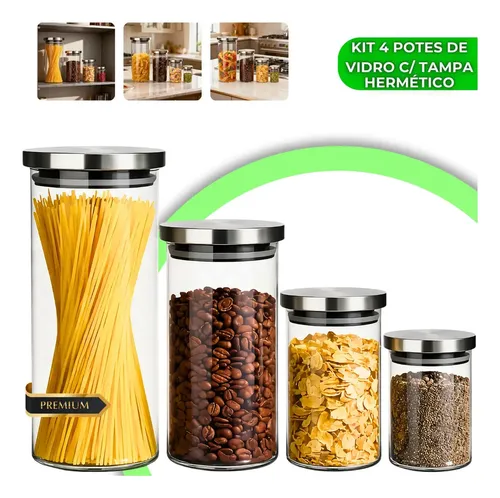 Conjunto 4 Potes De Vidro Herméticos Tampa Inox Organizador Suste...