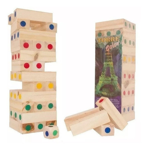 Jenga Yenga Grande De Madera De 36 Fichas Colores + Dado