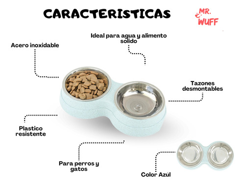 Plato Comedero Doble Para Perro Con Tazones De Acero Inoxidable Mr Wuff Color Azul