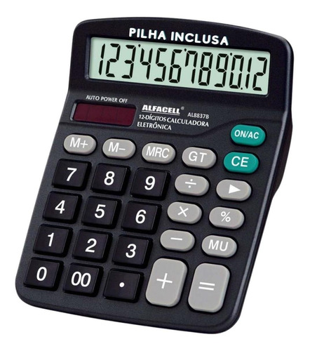 Calculadora De Mesa Comercial Escritório 12 Dígitos À Pilha Cor Preto