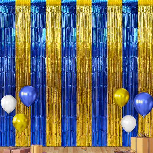 Paquete De Cortinas De Flecos Metálicas Azul Dorado 2x2 Metr Color