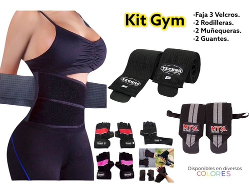 Kit Para Gym Faja Reductora, Rodilleras, Muñequeras, Guantes