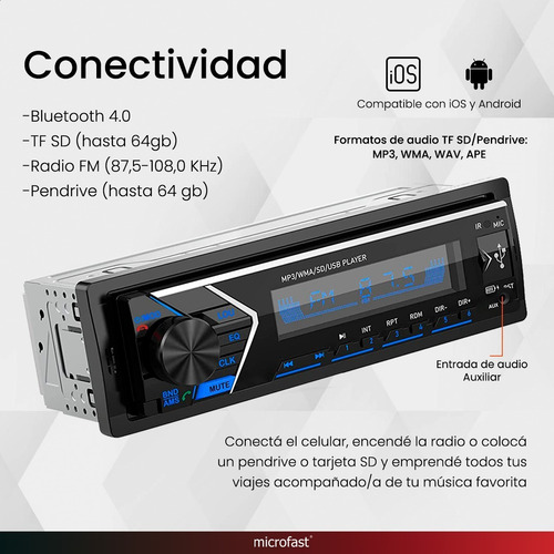 Imagen 5 de 6 de Estéreo Auto Desmontable Bluetooth Carga Móvil Radio Fm Usb