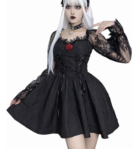 Vestido Corto Negro Gótico De Manga Larga