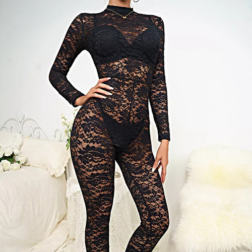 Conjunto De Pijama Sexy Mono De Encaje Transparente Con