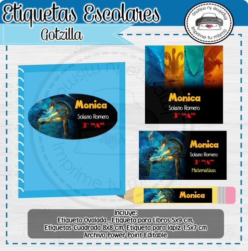 Kit Imprimible Etiquetas Escolares Gotzilla 2019