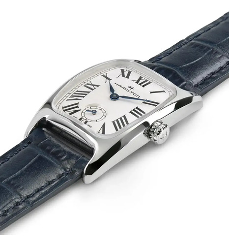 Reloj Hamilton American Classic Boulton Small Second Quartz Correa Azul Bisel Plateado Fondo Blanco
