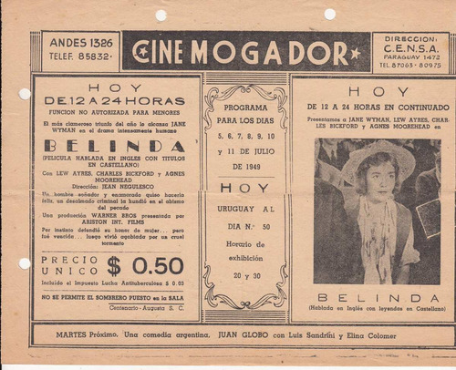 1949 Programa Sala Cine Mogador Montevideo Calle Andes