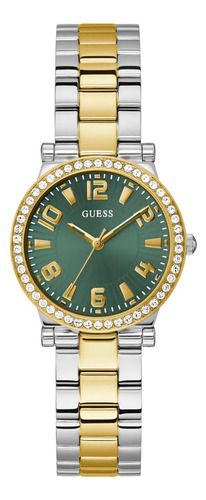 Reloj Guess Fawn Dama Bitono Gw0686l2 Correa Bicolor Bisel Dorado Fondo Verde Musgo