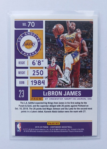 Imagen 2 de 2 de Carta Basket Nba Lebron James 2020. Colección Deporte