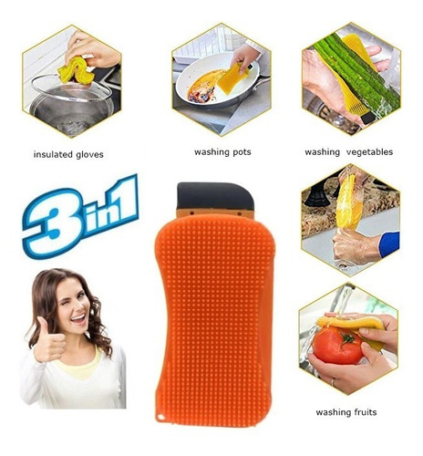 Esponja Multiusos De Silicon 3 En 1 Color Naranja