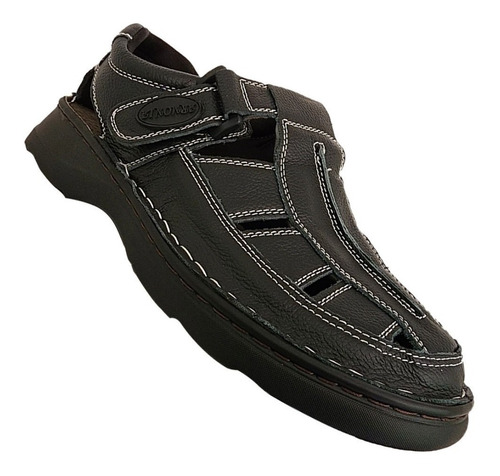 Sandalia Cuero Hombre Velcro Primavera Verano Negro 7011