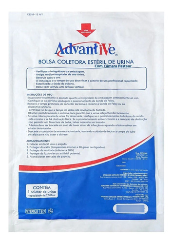 Bolsa Coletora De Urina Advantive Com Câmara Pasteur 2 Un